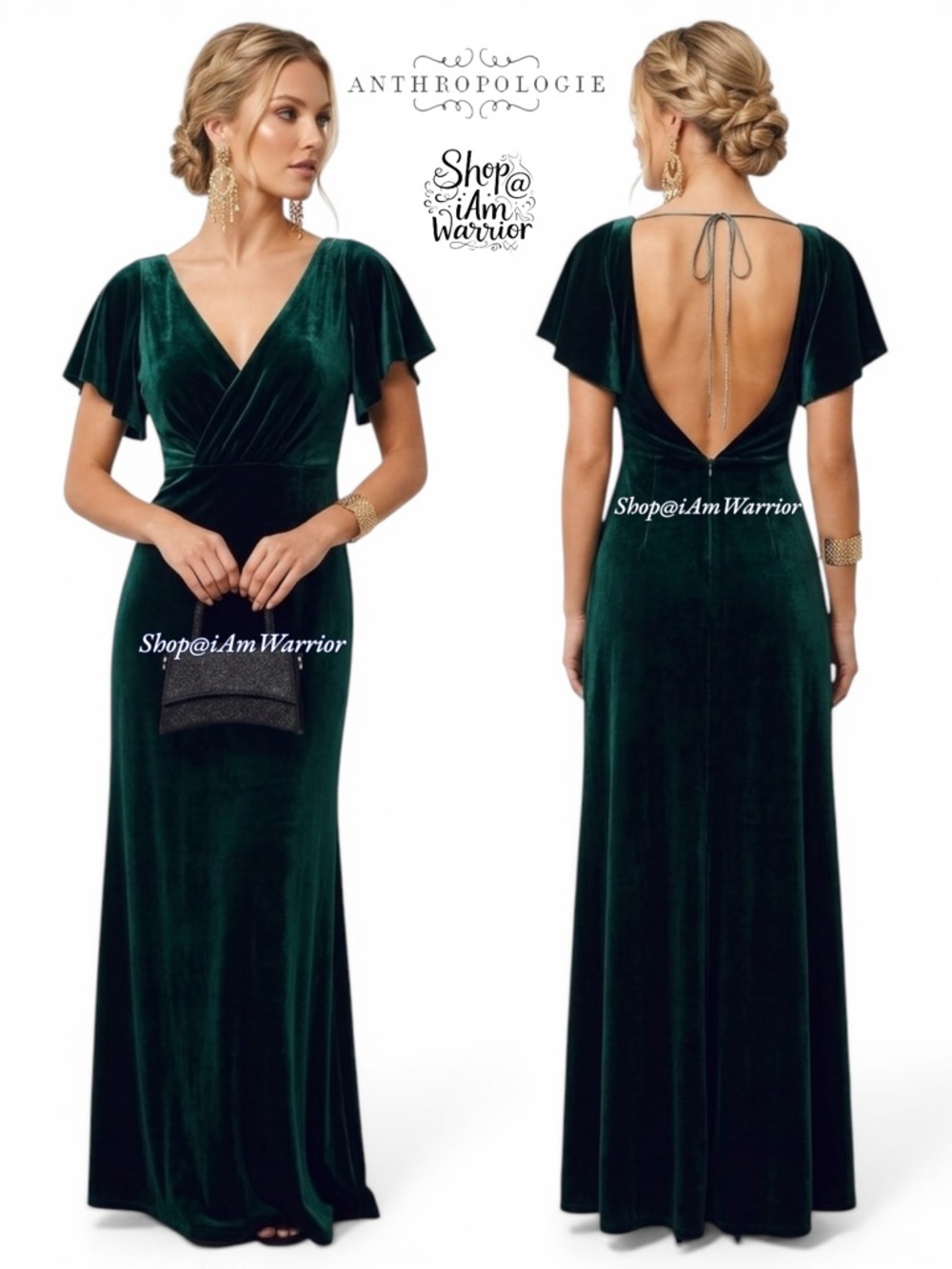 Anthropologie NWT Jenny Woo emerald flutter velvet gown *shop@iamwarrior